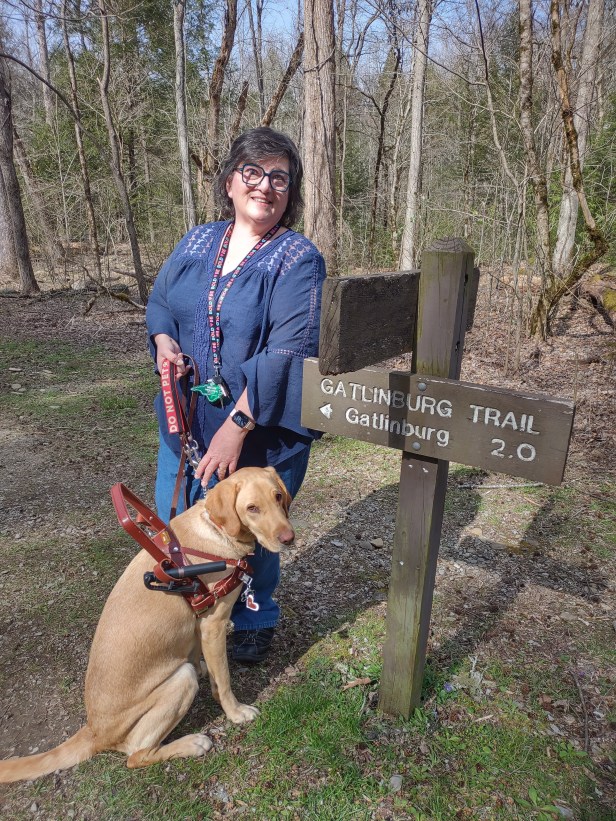 woman standing with yellow labrador retriever in front of a forest in late fall.