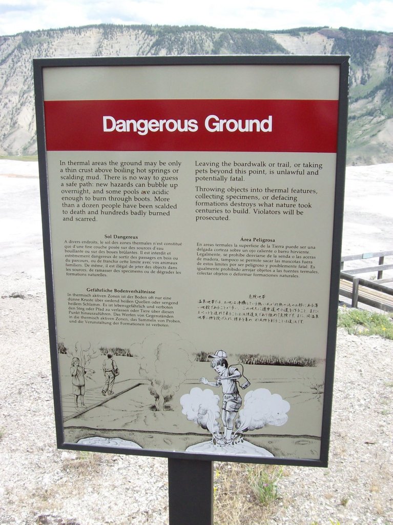 Dangerous ground sign warning visitors to stay on trails.