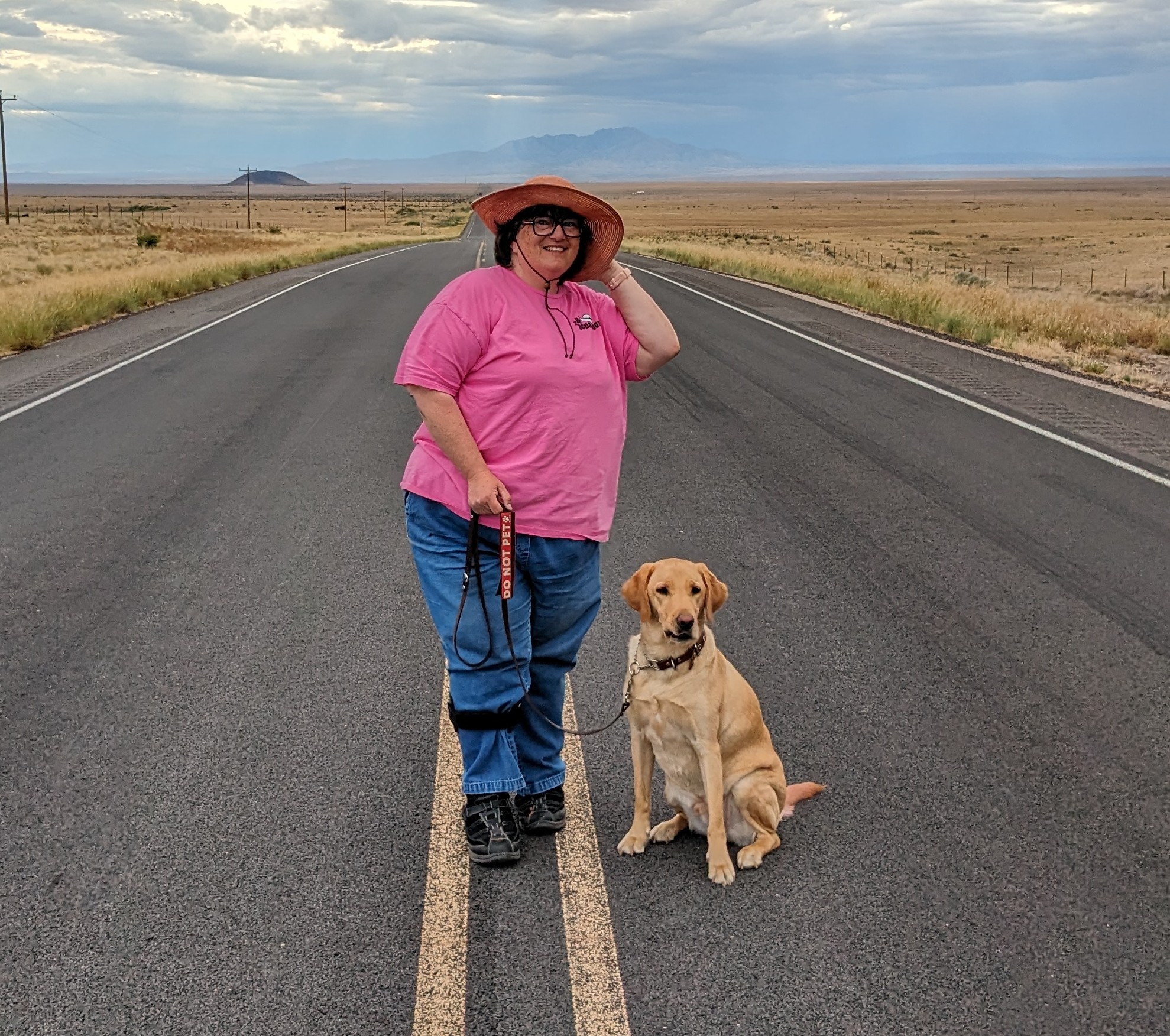 Woman in pink shirt and yellow labrador retriever in middle of a deserted road in the desert